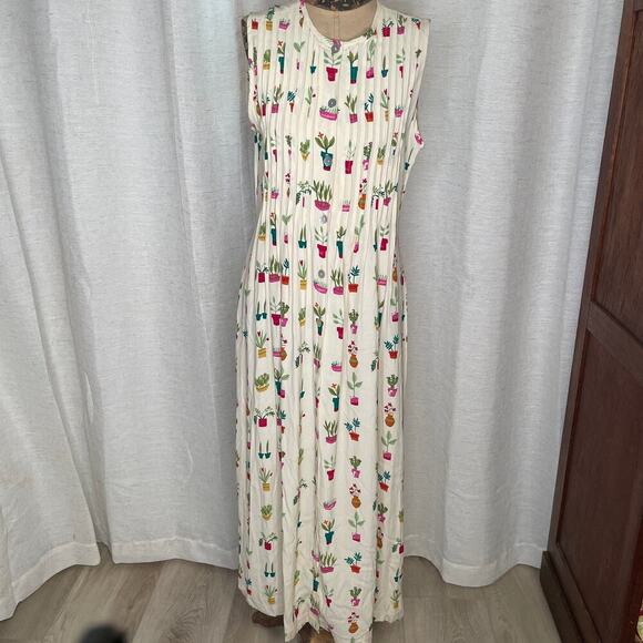 Vintage Central Falls House Plants Succulents Pleated Maxi Dress Small 6 USA 90s - Picture 1 of 16